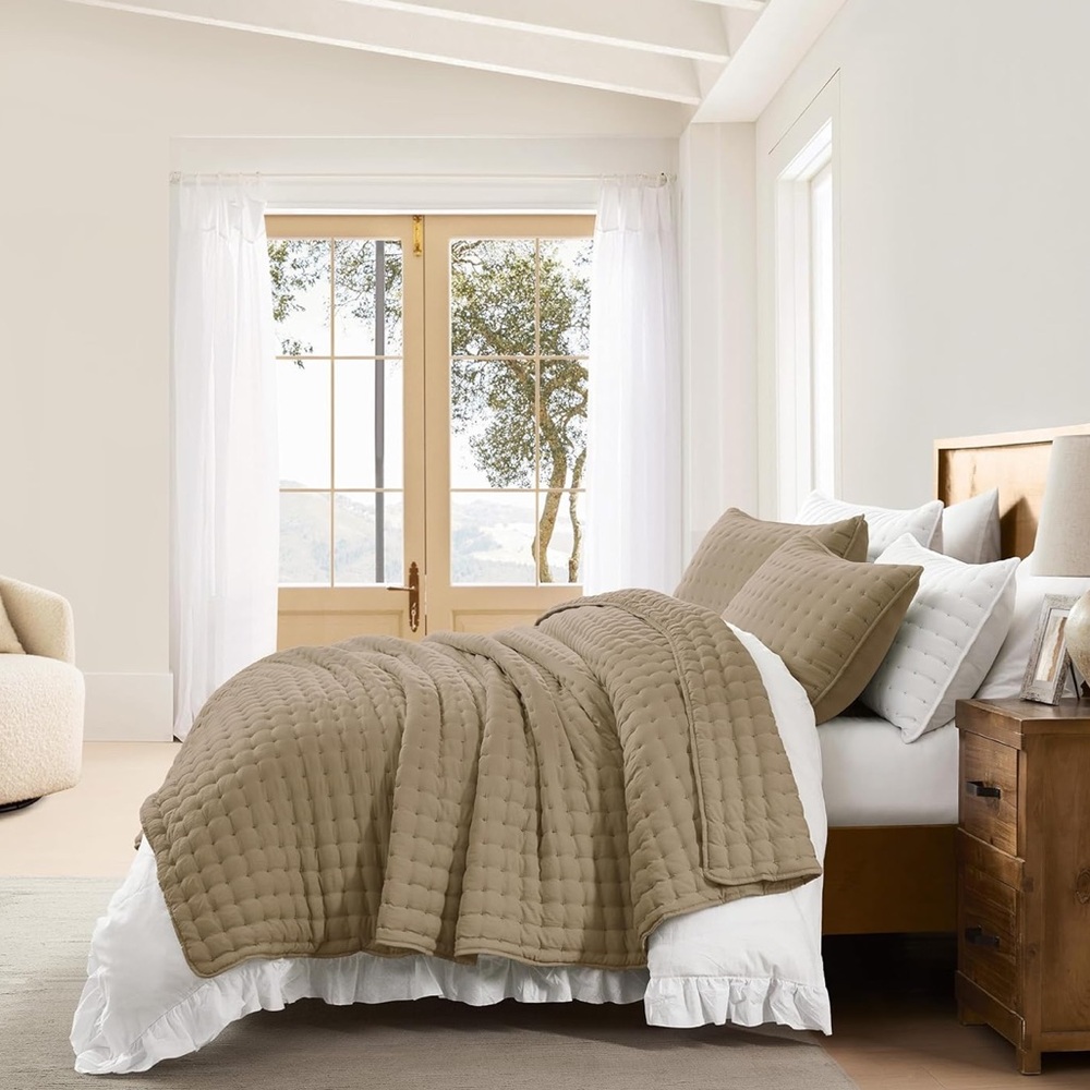 🆕 PB Style Queen Set Tan Latte Quilt Coverlet 3 Piece Pick Stitch Tufted Mocha